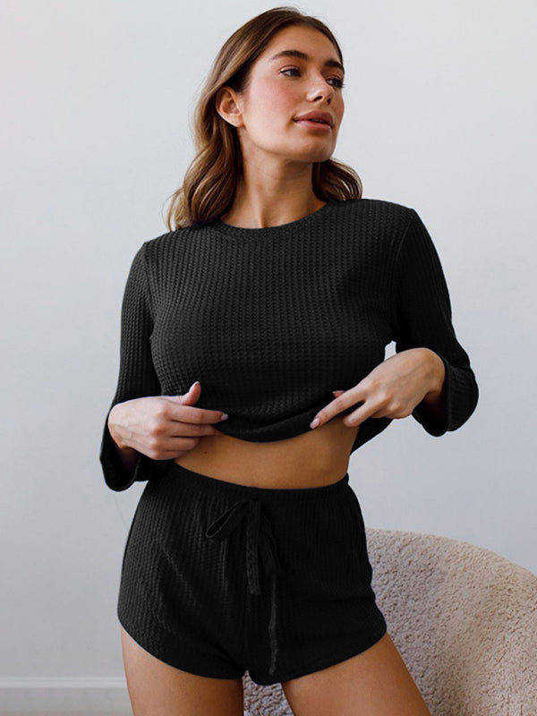 Pajamas- Waffle PJs 2-Piece Sleepwear Set with Long Sleeve Tee- Black- Pekosa Women Clothing