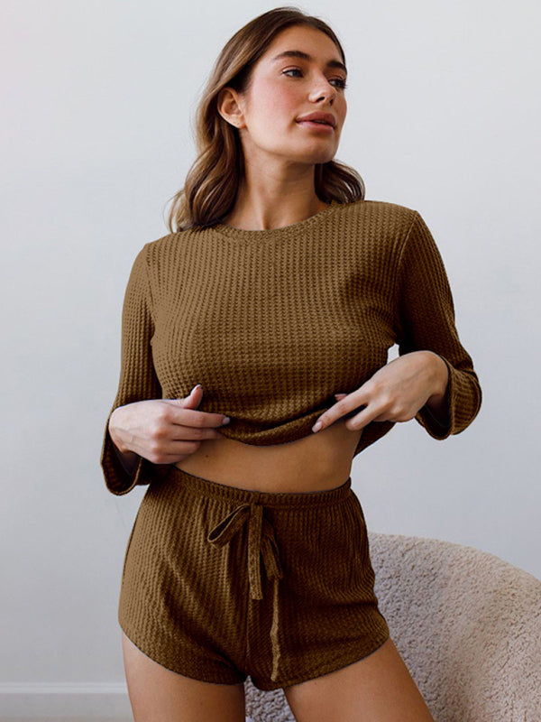 Pajamas- Waffle PJs 2-Piece Sleepwear Set with Long Sleeve Tee- Brown- Pekosa Women Clothing