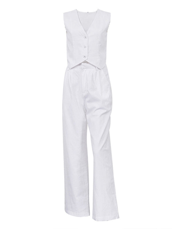 Pants Outfits- Women's Cotton Linen 2-Piece Outfit for Vacation - Vest & Pants- - Pekosa Women Fashion