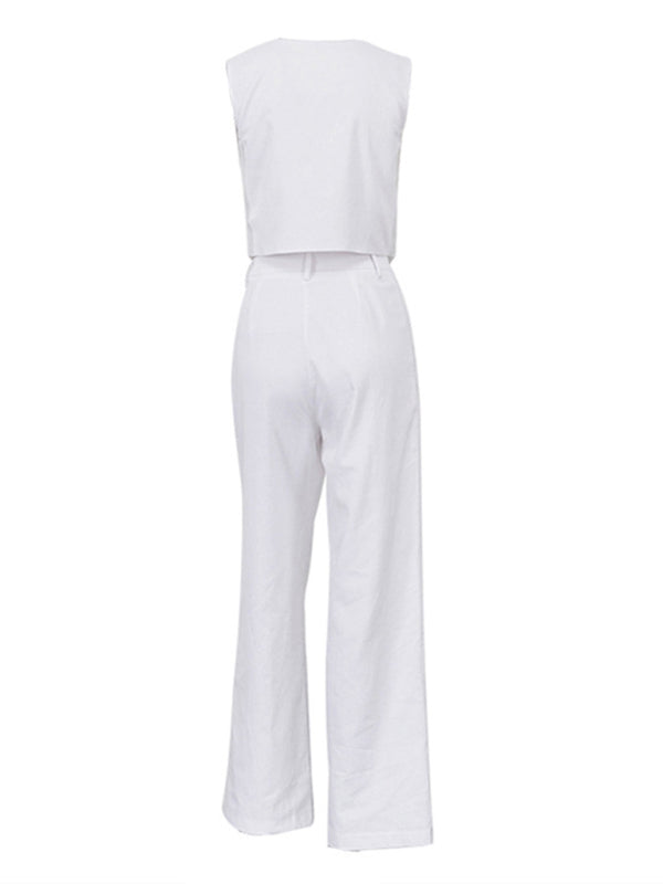 Pants Outfits- Women's Cotton Linen 2-Piece Outfit for Vacation - Vest & Pants- - Pekosa Women Fashion