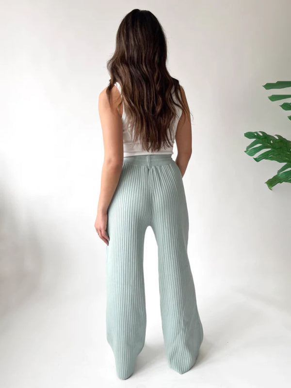 Pants- Relax Fit Ribbed Straight-Leg Pants- - Pekosa Women Clothing