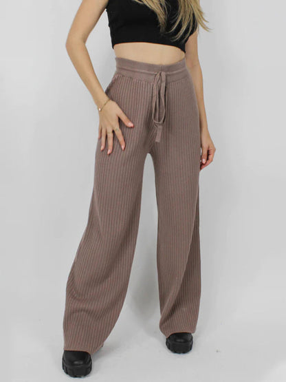 Pants- Relax Fit Ribbed Straight-Leg Pants- Dark Brown- Pekosa Women Clothing