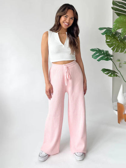 Pants- Relax Fit Ribbed Straight-Leg Pants- - Pekosa Women Clothing