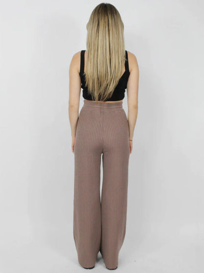 Pants- Relax Fit Ribbed Straight-Leg Pants- - Pekosa Women Clothing