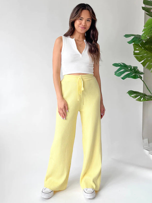 Pants- Relax Fit Ribbed Straight-Leg Pants- - Pekosa Women Clothing