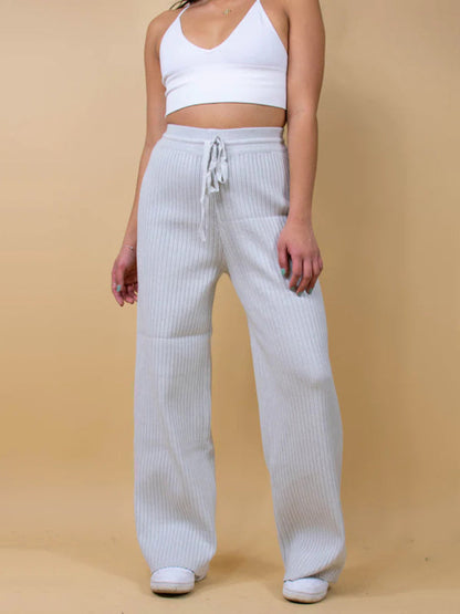 Pants- Relax Fit Ribbed Straight-Leg Pants- Misty grey- Pekosa Women Clothing