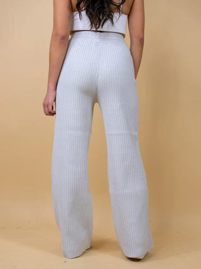Pants- Relax Fit Ribbed Straight-Leg Pants- - Pekosa Women Clothing
