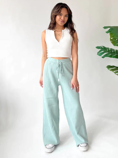 Pants- Relax Fit Ribbed Straight-Leg Pants- - Pekosa Women Clothing