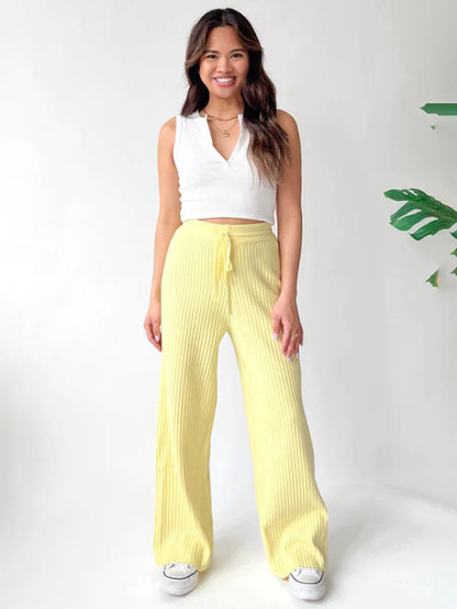 Pants- Relax Fit Ribbed Straight-Leg Pants- - Pekosa Women Clothing