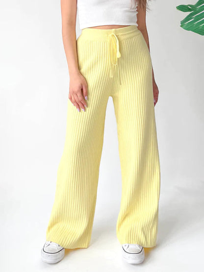 Pants- Relax Fit Ribbed Straight-Leg Pants- Yellow- Pekosa Women Clothing