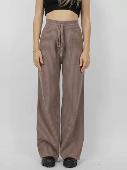 Pants- Relax Fit Ribbed Straight-Leg Pants- - Pekosa Women Clothing