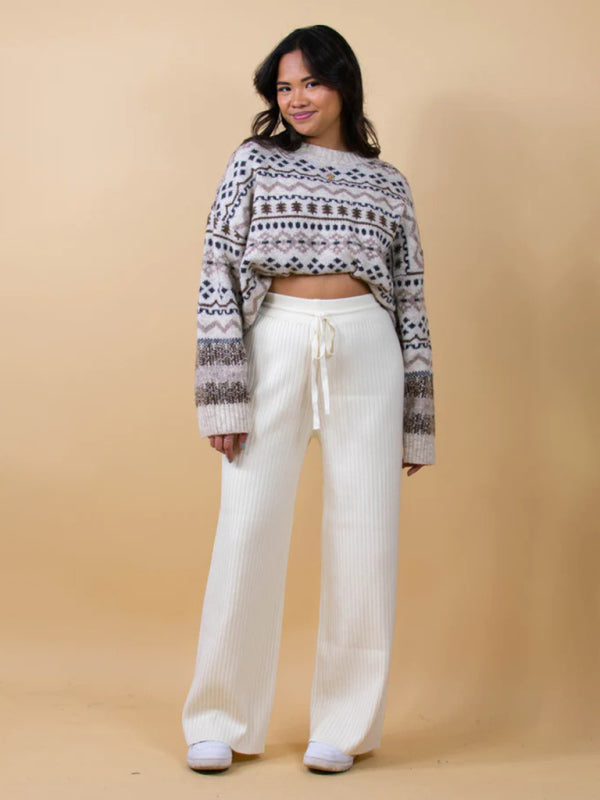 Pants- Relax Fit Ribbed Straight-Leg Pants- - Pekosa Women Clothing