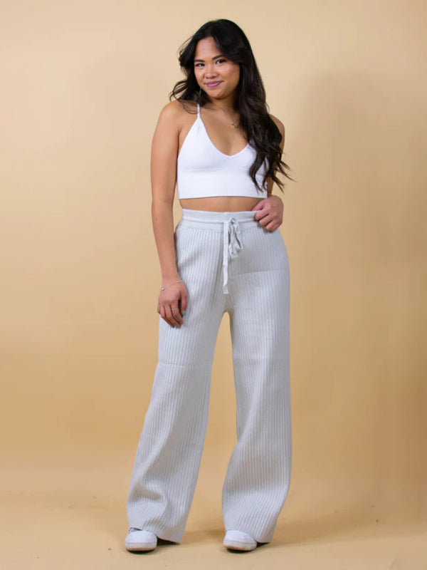 Pants- Relax Fit Ribbed Straight-Leg Pants- - Pekosa Women Clothing