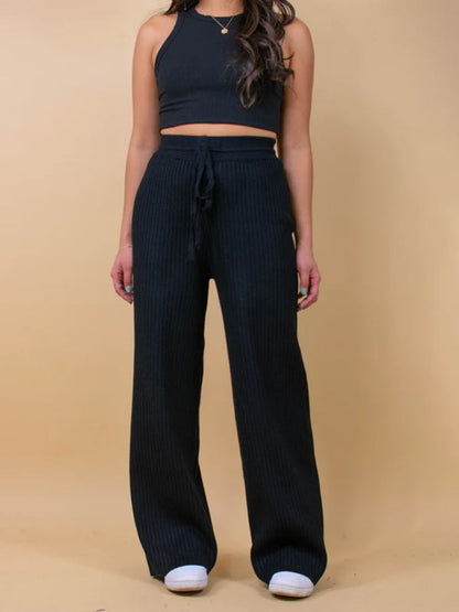 Pants- Relax Fit Ribbed Straight-Leg Pants- Black- Pekosa Women Clothing