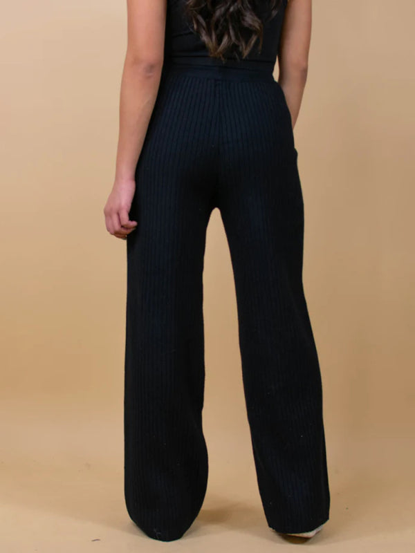Pants- Relax Fit Ribbed Straight-Leg Pants- - Pekosa Women Clothing