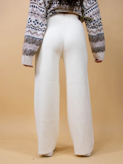 Pants- Relax Fit Ribbed Straight-Leg Pants- - Pekosa Women Clothing