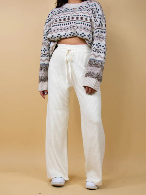 Pants- Relax Fit Ribbed Straight-Leg Pants- White- Pekosa Women Clothing
