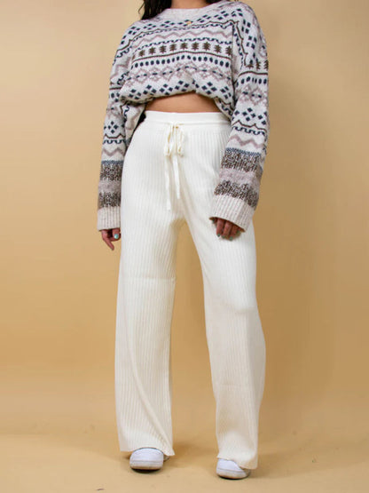 Pants- Relax Fit Ribbed Straight-Leg Pants- White- Pekosa Women Clothing