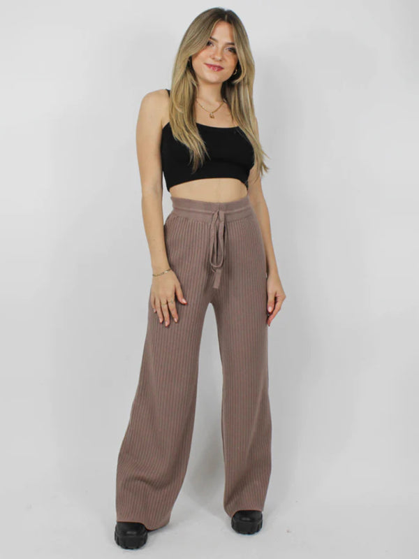 Pants- Relax Fit Ribbed Straight-Leg Pants- - Pekosa Women Clothing
