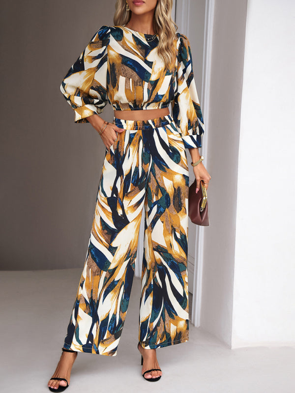 Pants Set- Abstract Print Set Straight Pants & Crop Long Sleeve Blouse- Yellow- Pekosa Women Clothing