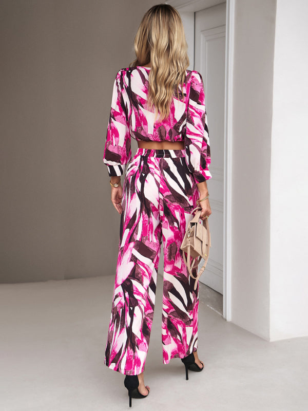 Pants Set- Abstract Print Set Straight Pants & Crop Long Sleeve Blouse- - Pekosa Women Clothing