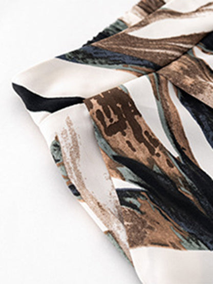 Pants Set- Abstract Print Set Straight Pants & Crop Long Sleeve Blouse- - Pekosa Women Clothing