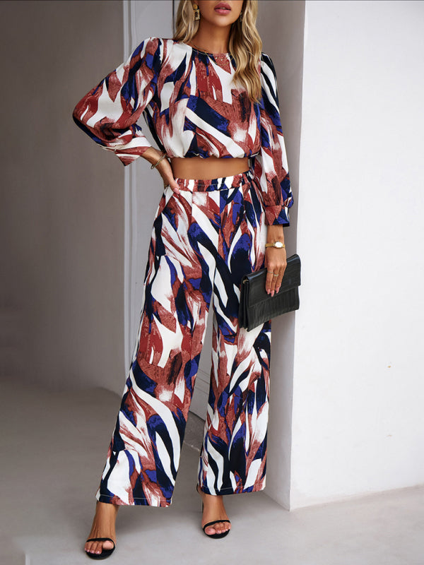 Pants Set- Abstract Print Set Straight Pants & Crop Long Sleeve Blouse- - Pekosa Women Clothing