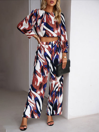 Pants Set- Abstract Print Set Straight Pants & Crop Long Sleeve Blouse- - Pekosa Women Clothing