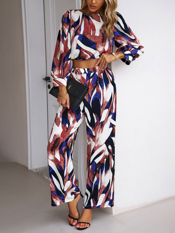 Pants Set- Abstract Print Set Straight Pants & Crop Long Sleeve Blouse- - Pekosa Women Clothing