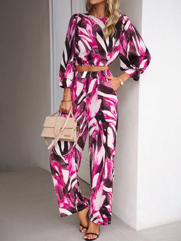 Pants Set- Abstract Print Set Straight Pants & Crop Long Sleeve Blouse- - Pekosa Women Clothing