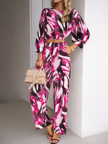 Pants Set- Abstract Print Set Straight Pants & Crop Long Sleeve Blouse- - Pekosa Women Clothing