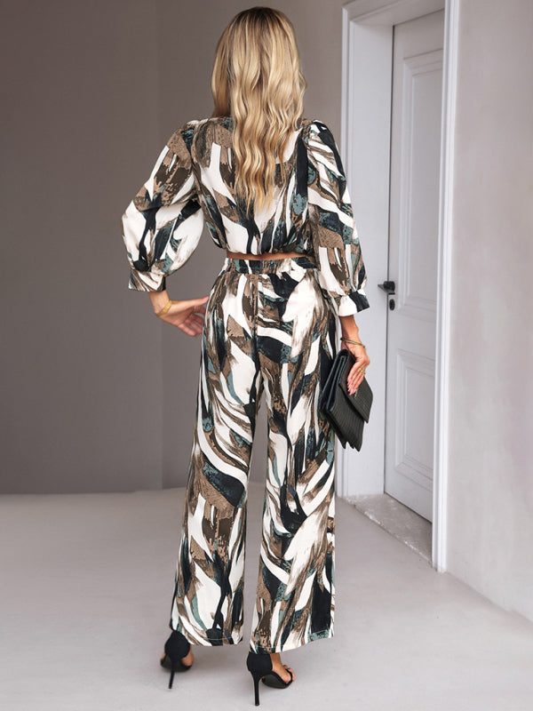 Pants Set- Abstract Print Set Straight Pants & Crop Long Sleeve Blouse- - Pekosa Women Clothing