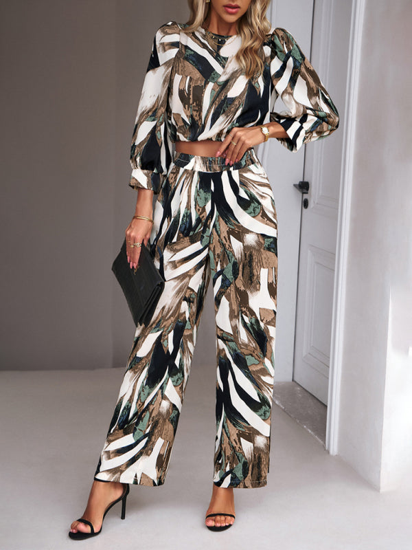 Pants Set- Abstract Print Set Straight Pants & Crop Long Sleeve Blouse- Green- Pekosa Women Clothing