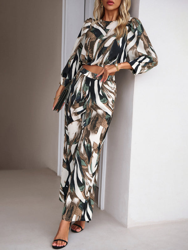 Pants Set- Abstract Print Set Straight Pants & Crop Long Sleeve Blouse- - Pekosa Women Clothing