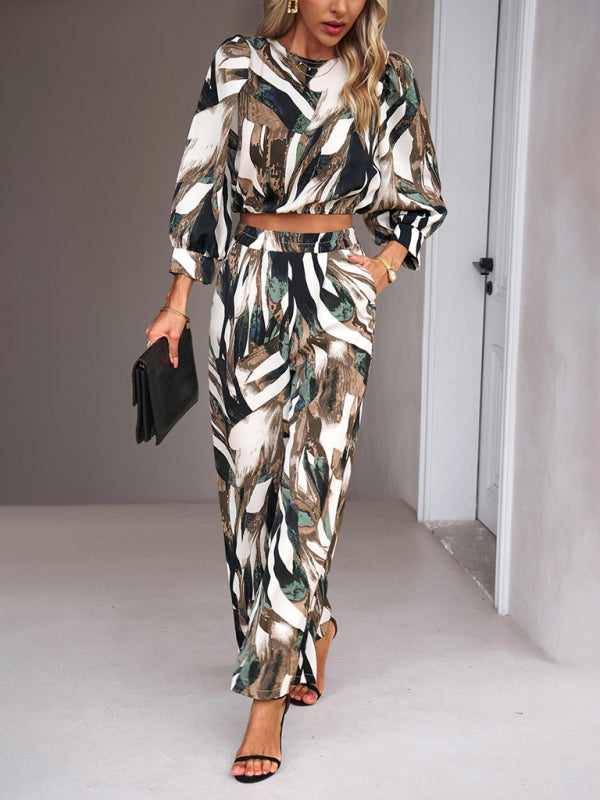 Pants Set- Abstract Print Set Straight Pants & Crop Long Sleeve Blouse- - Pekosa Women Clothing