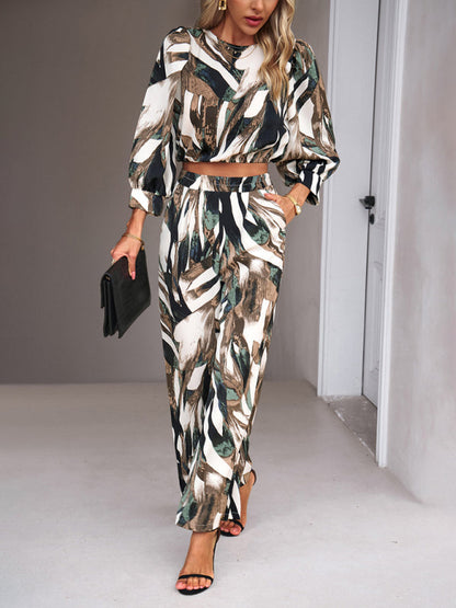 Pants Set- Abstract Print Set Straight Pants & Crop Long Sleeve Blouse- - Pekosa Women Clothing