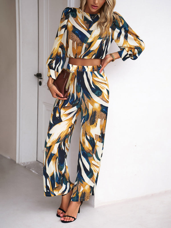 Pants Set- Abstract Print Set Straight Pants & Crop Long Sleeve Blouse- - Pekosa Women Clothing