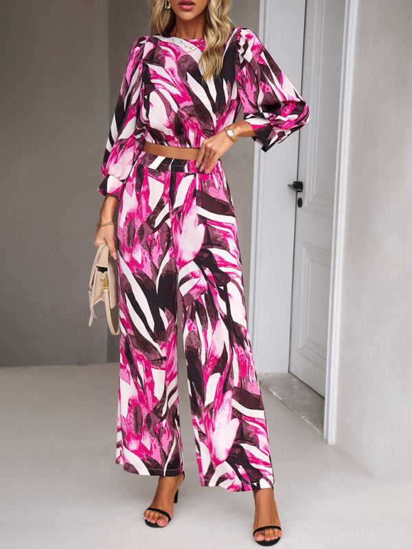 Pants Set- Abstract Print Set Straight Pants & Crop Long Sleeve Blouse- - Pekosa Women Clothing