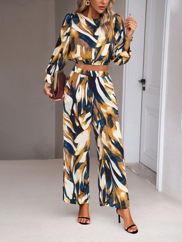 Pants Set- Abstract Print Set Straight Pants & Crop Long Sleeve Blouse- - Pekosa Women Clothing