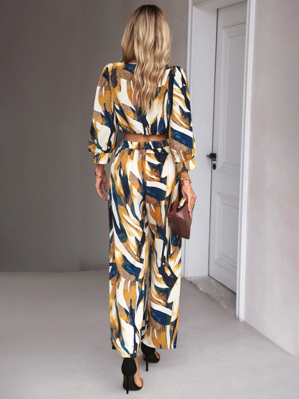 Pants Set- Abstract Print Set Straight Pants & Crop Long Sleeve Blouse- - Pekosa Women Clothing