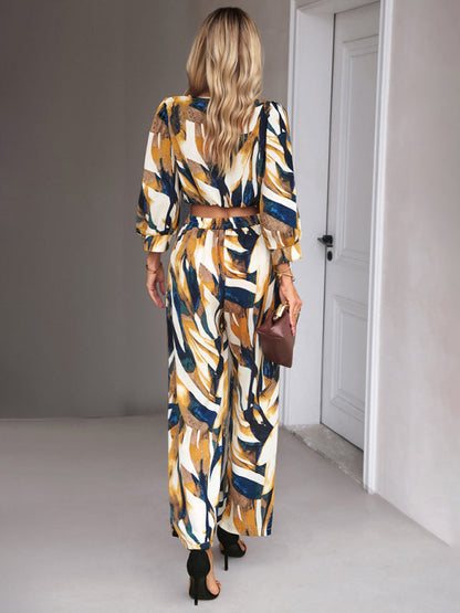 Pants Set- Abstract Print Set Straight Pants & Crop Long Sleeve Blouse- - Pekosa Women Clothing