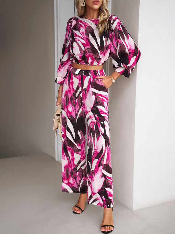Pants Set- Abstract Print Set Straight Pants & Crop Long Sleeve Blouse- Rose- Pekosa Women Clothing