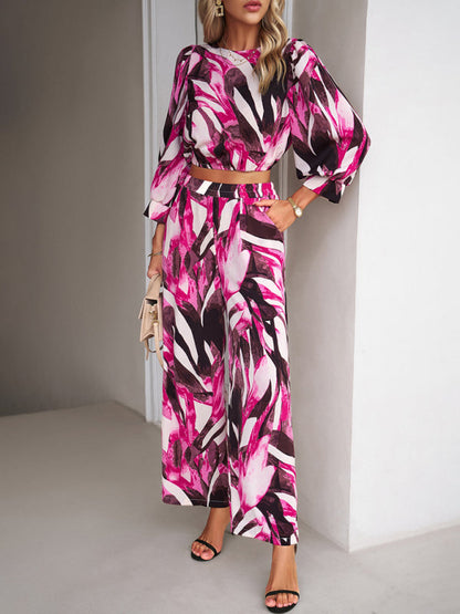 Pants Set- Abstract Print Set Straight Pants & Crop Long Sleeve Blouse- Rose- Pekosa Women Clothing