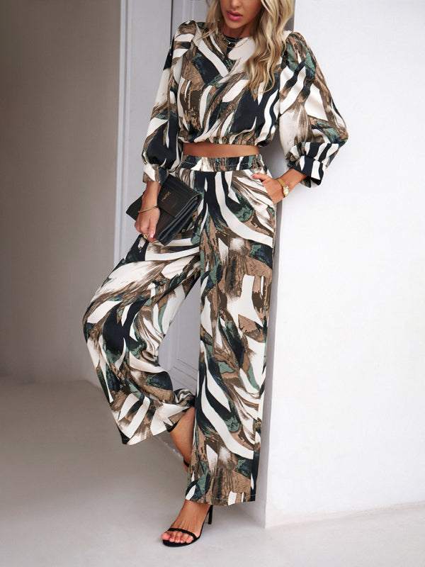 Pants Set- Abstract Print Set Straight Pants & Crop Long Sleeve Blouse- - Pekosa Women Clothing