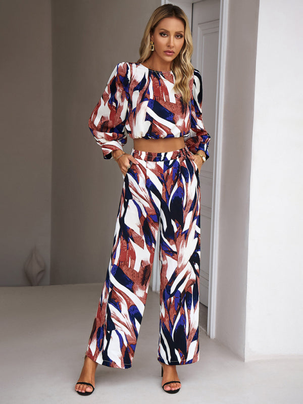 Pants Set- Abstract Print Set Straight Pants & Crop Long Sleeve Blouse- - Pekosa Women Clothing