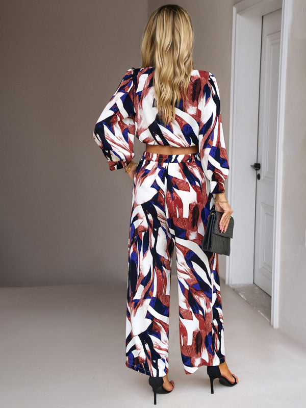 Pants Set- Abstract Print Set Straight Pants & Crop Long Sleeve Blouse- - Pekosa Women Clothing