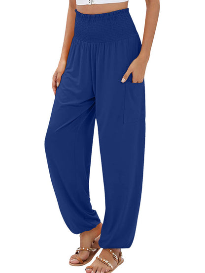 Pants- Women's Wide Smocked Waistband Pants - Solid Wide-Leg Trousers- Blue- Pekosa Women Clothing