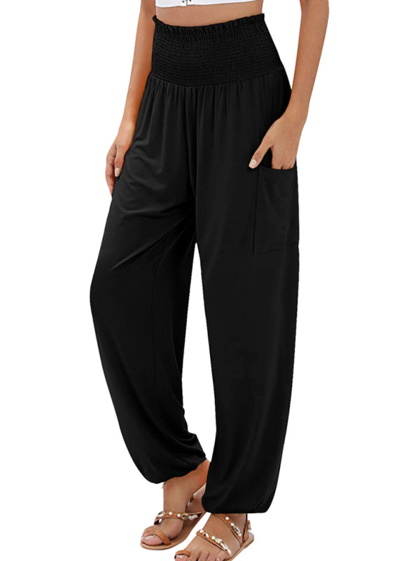 Pants- Women's Wide Smocked Waistband Pants - Solid Wide-Leg Trousers- Black- Pekosa Women Clothing