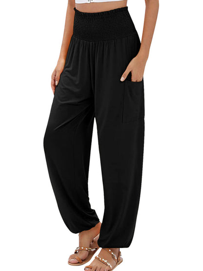 Pants- Women's Wide Smocked Waistband Pants - Solid Wide-Leg Trousers- Black- Pekosa Women Clothing