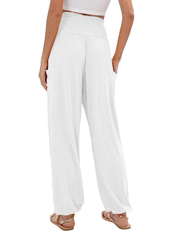 Pants- Women's Wide Smocked Waistband Pants - Solid Wide-Leg Trousers- - Pekosa Women Clothing